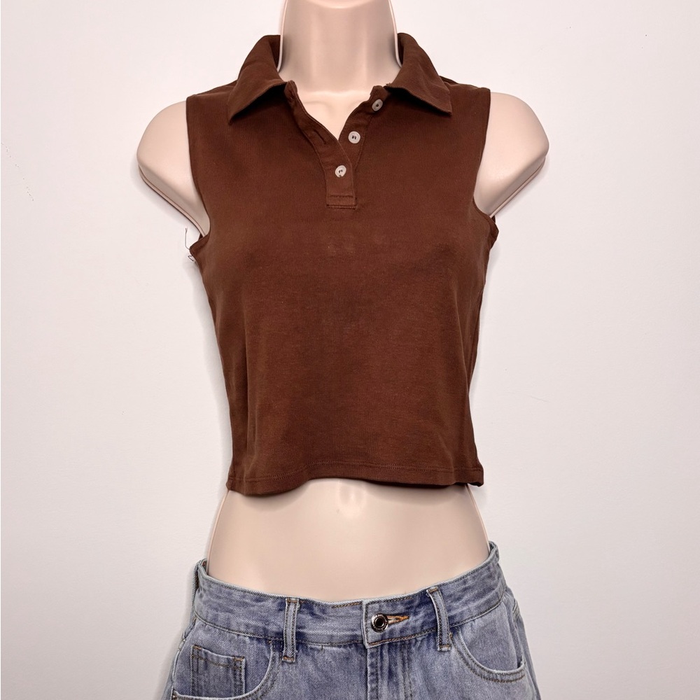 Brandy Melville Brown Sleeveless Polo Crop Top - Picture 4 of 7